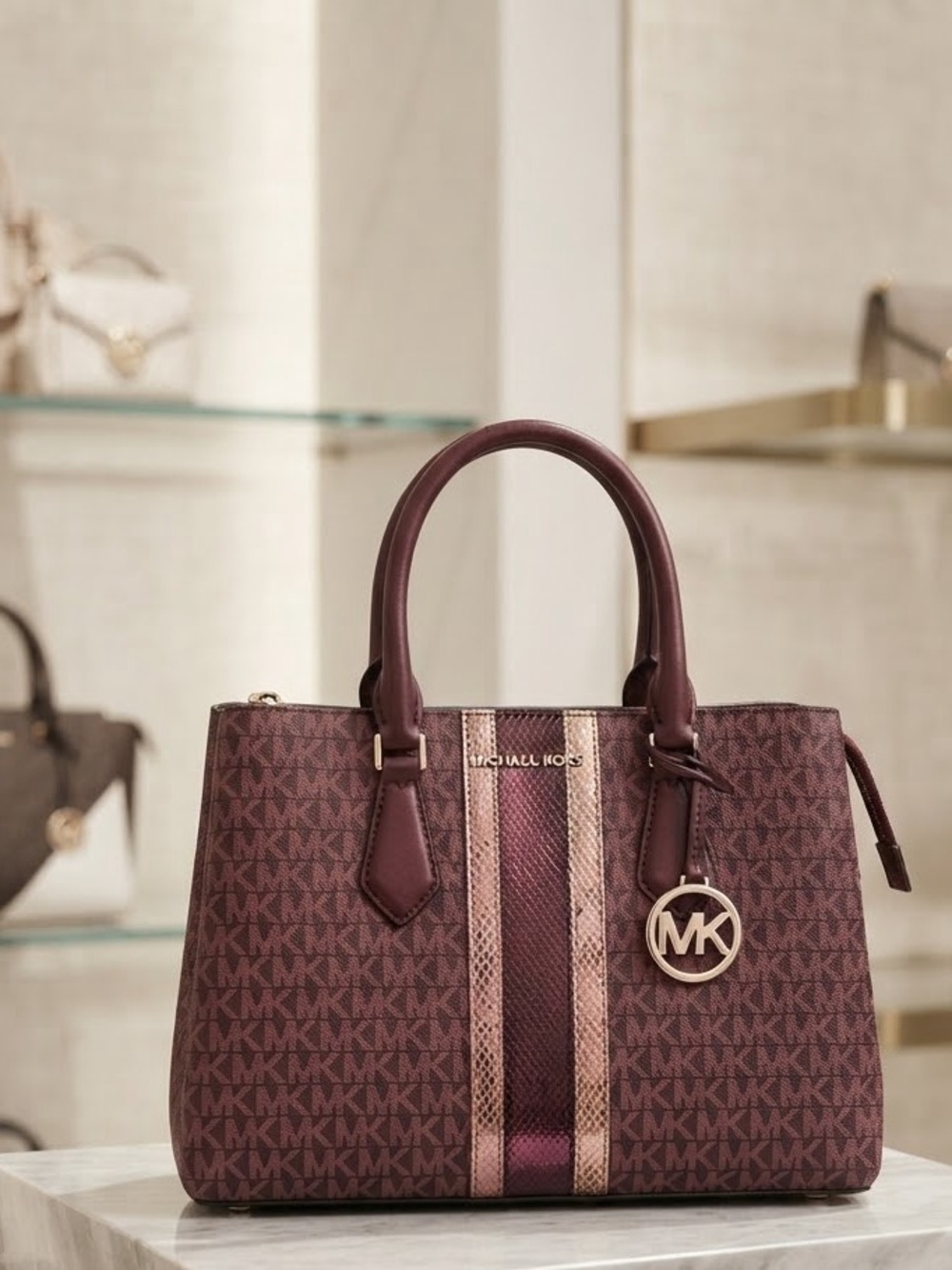 Michael Kors Metallic Signature Burgundy Top-Handle Satchel